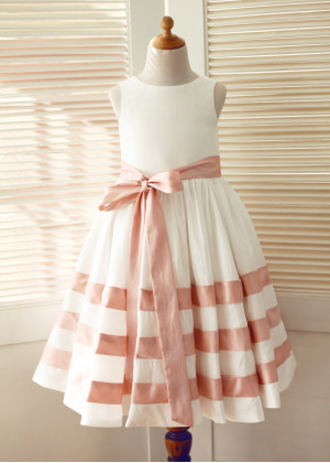 Ivory Taffeta Pink Stripes Knee Length Flower Girl Dress